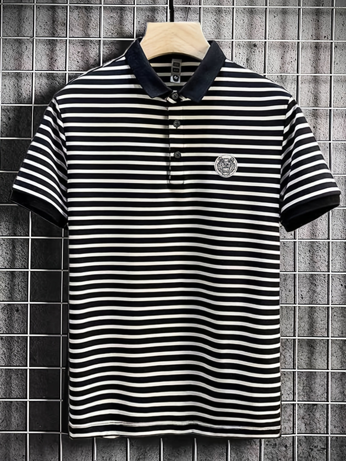 Men's POLO Shirt Short Sleeve T-Shirt Summer Striped Collared Lapel Fashion Streetwear Brand Cool Thin Casual Embroidered Top - Black