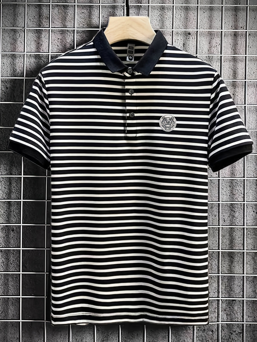 Men's POLO Shirt Short Sleeve T-Shirt Summer Striped Collared Lapel Fashion Streetwear Brand Cool Thin Casual Embroidered Top - Black