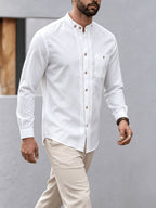 Men'S Casual Long Sleeve Shirt Early Autumn New Henley Collar White Casual Shirt Side Stripe Design Solid Color Long Sleeve Shirt with Pockets, Suitable for Daily Commute And Outdoor Travel, Fashionable Versatile Spring Autumn Long Sleeve Shirt - White