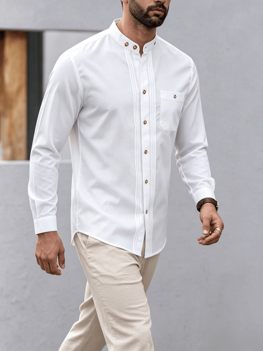 Men'S Casual Long Sleeve Shirt Early Autumn New Henley Collar White Casual Shirt Side Stripe Design Solid Color Long Sleeve Shirt with Pockets, Suitable for Daily Commute And Outdoor Travel, Fashionable Versatile Spring Autumn Long Sleeve Shirt - White