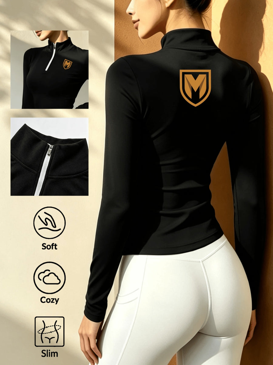 Women's Solid Color Half-Zip Long Sleeve Top, Waist-Cinching Thermal T-Shirt - Black