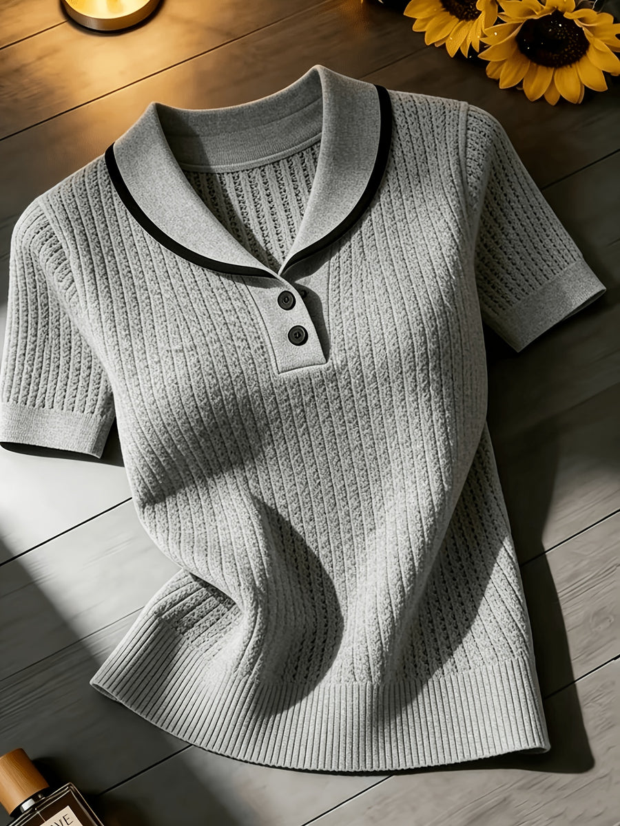 Women'S Summer Clothing Short Sleeve Solid Color Sweater, Lapel Hollow Out Design, Slim Fit Style Pullover, Spring Summer Season - Grey