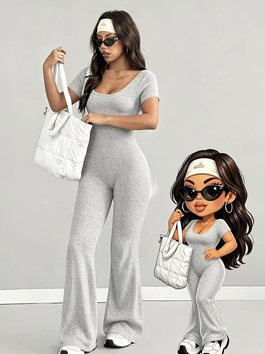 Women'S Jumpsuit, Spring Summer Casual Style, U-Neck Design, Fashionable Sexy And Comfortable, Slim Fit Versatile, Suitable for Outdoor, Commuting, Millennial Style, American Style, Chic Style, Beach Parties, Countryside Vacations - Silvery Grey