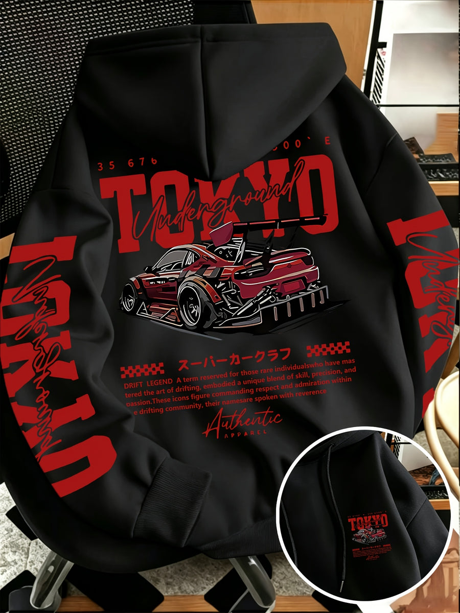 New Autumn/Winter Men's Tokyo Underground Racing Print Hooded Sweatshirt, American Street Style Motorcycle Top - Black