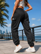 New Women'S Ankle-Cinching Cargo Pants, Side Flap Pocket Drawstring Elastic Waist Long Trousers, Multi-Pocket Casual Street Style Pants, Outdoor Hiking Bottoms - Black
