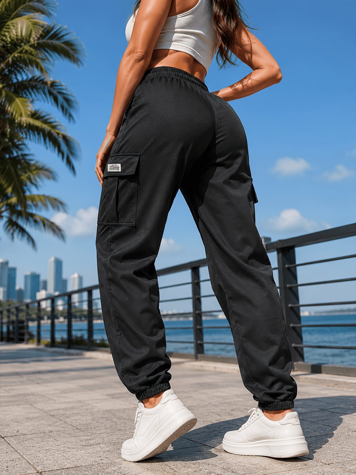 New Women'S Ankle-Cinching Cargo Pants, Side Flap Pocket Drawstring Elastic Waist Long Trousers, Multi-Pocket Casual Street Style Pants, Outdoor Hiking Bottoms - Black