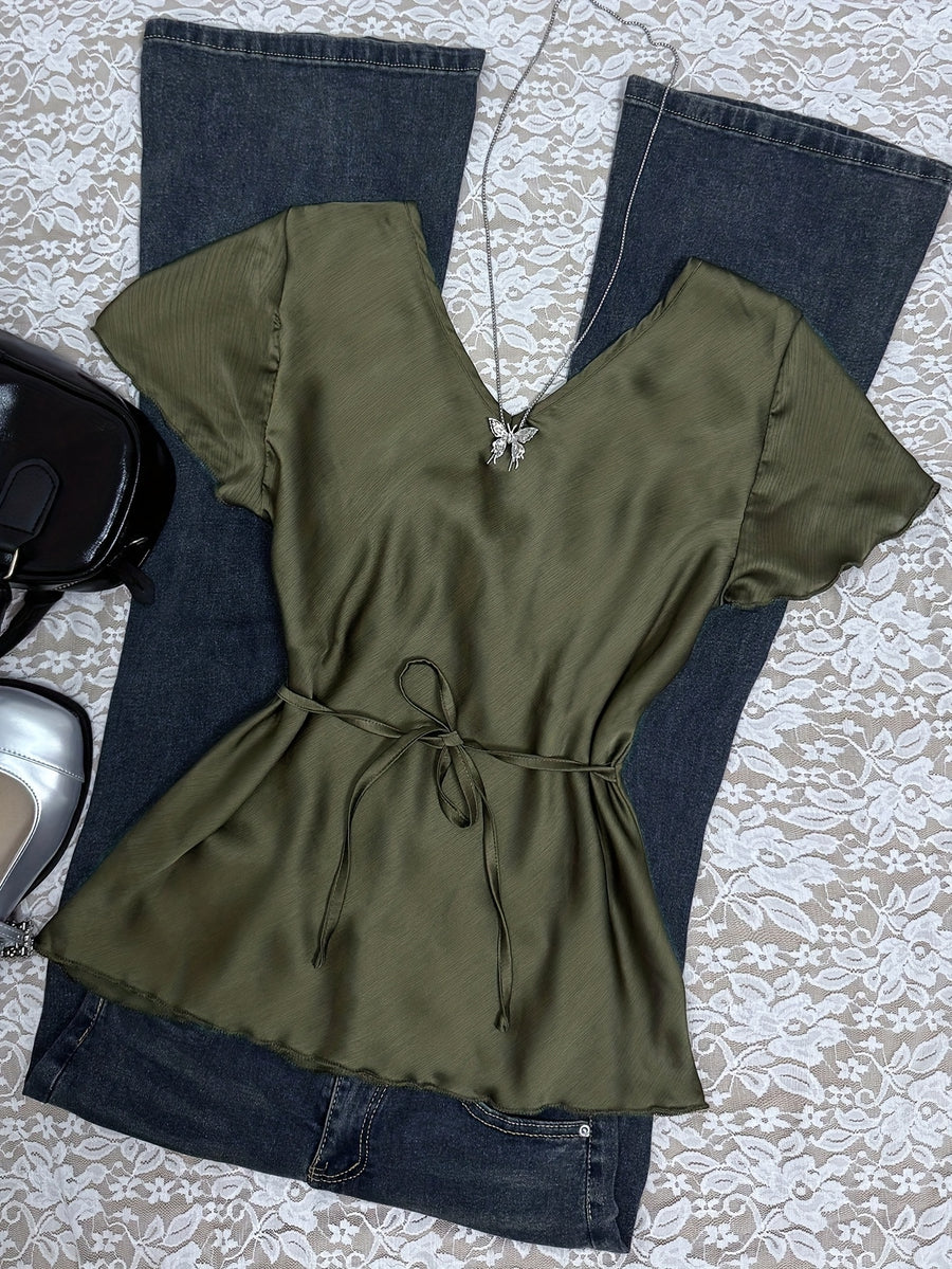 Women's Casual Solid Color Back-Tie Ruffle Sleeve Flutter Sleeve V-Neck Bow Tie Shirt, Suitable for Summer, Autumn, Spring, All-Season Wear, Ideal for Dating, Vacation, Shopping, and Daily Casual Outfits - Olive Green