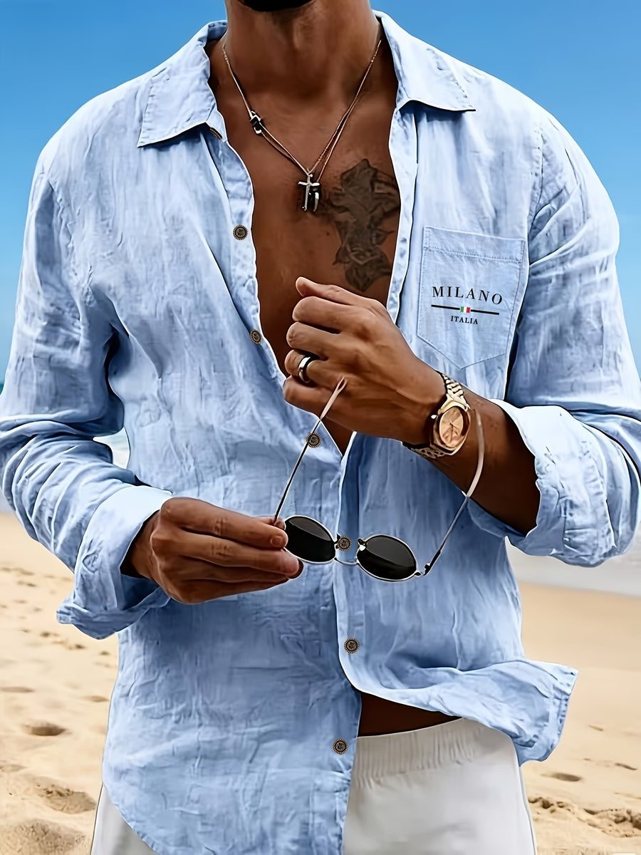 Men's Henley Shirt in Linen with Long Sleeves, Featuring Comfortable and Breathable Fabric with Trendy Printed Designs. Suitable for Daily Outings, Outdoor Sports, Travel, and Vacations. Lightweight and Breathable with a Regular Fit, Chest Pocket - Sky Blue