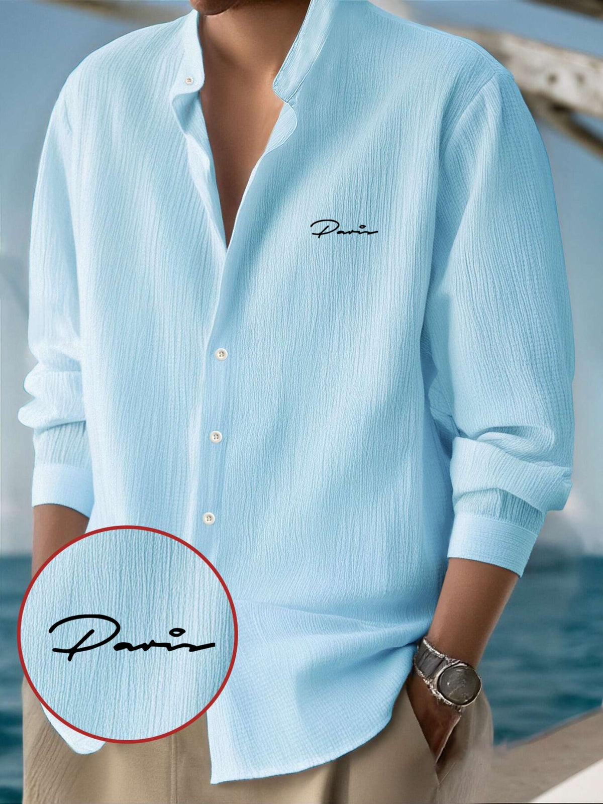 Men's Classic Solid Color Casual Long Sleeve Button- Shirt - Stand Collar Design, Machine Washable, Letter Print, All-Season Wear, Suitable for Outings, Beach & Casual Attire, Machine Washable, Solid Color Shirt, Casual Shirt - Sky Blue