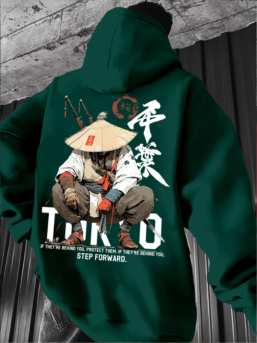 Men's Japanese Ronin Kendo Samurai Hooded Sweatshirt, Printed Hoodie, Trendy Streetwear Vintage Versatile Heavyweight Sweatshirt, Autumn Essentials - Dark Green