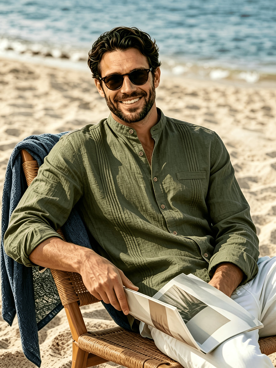Men's Lightweight Breathable Linen Shirt with Stand-Up Collar & Roll-Up Sleeves - Retro Button-Front Suitable for Beach Vacation, Commuting, Casual Wear, Symmetrical Pleats, Single Pocket, Machine Washable Summer Top (Gift Selection) - fern green