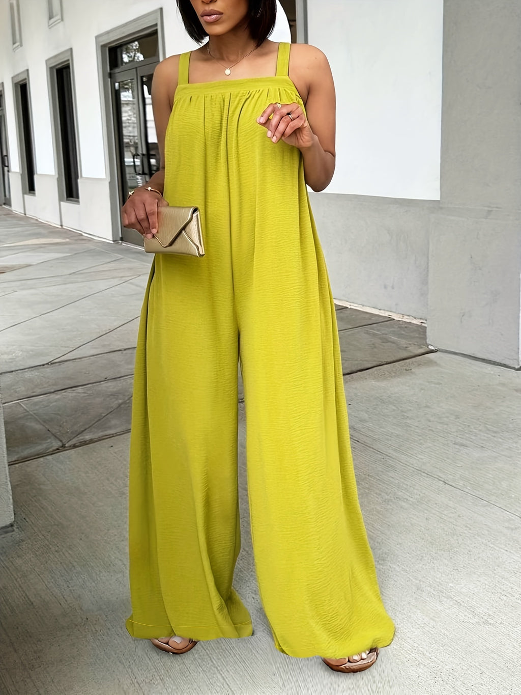 Women's Summer Casual Fashion Party Vacation Simple Solid Color Elegant Versatile Loose Straight Strap Jumpsuit - Yellow-green