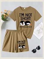 2pcs Women'S Summer Short Sleeve Set - I'M NOT SHORT Fun Penguin Print Short Sleeve And Shorts Outfit, Comfortable, Soft, Breathable Sportswear for Daily Wear, Suitable For, Campus, Valentine'S Day, Women'S Pajamas, Jogging, Fitness - Khaki+ Khaki