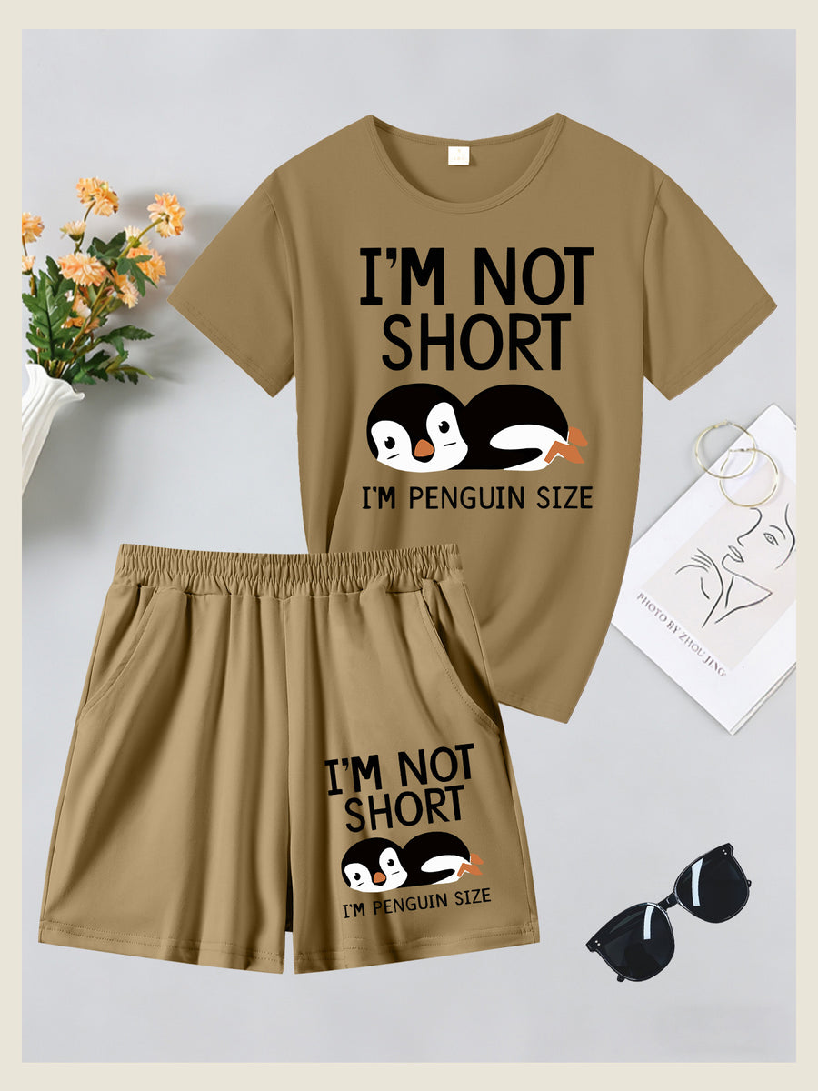 2pcs Women'S Summer Short Sleeve Set - I'M NOT SHORT Fun Penguin Print Short Sleeve And Shorts Outfit, Comfortable, Soft, Breathable Sportswear for Daily Wear, Suitable For, Campus, Valentine'S Day, Women'S Pajamas, Jogging, Fitness - Khaki+ Khaki