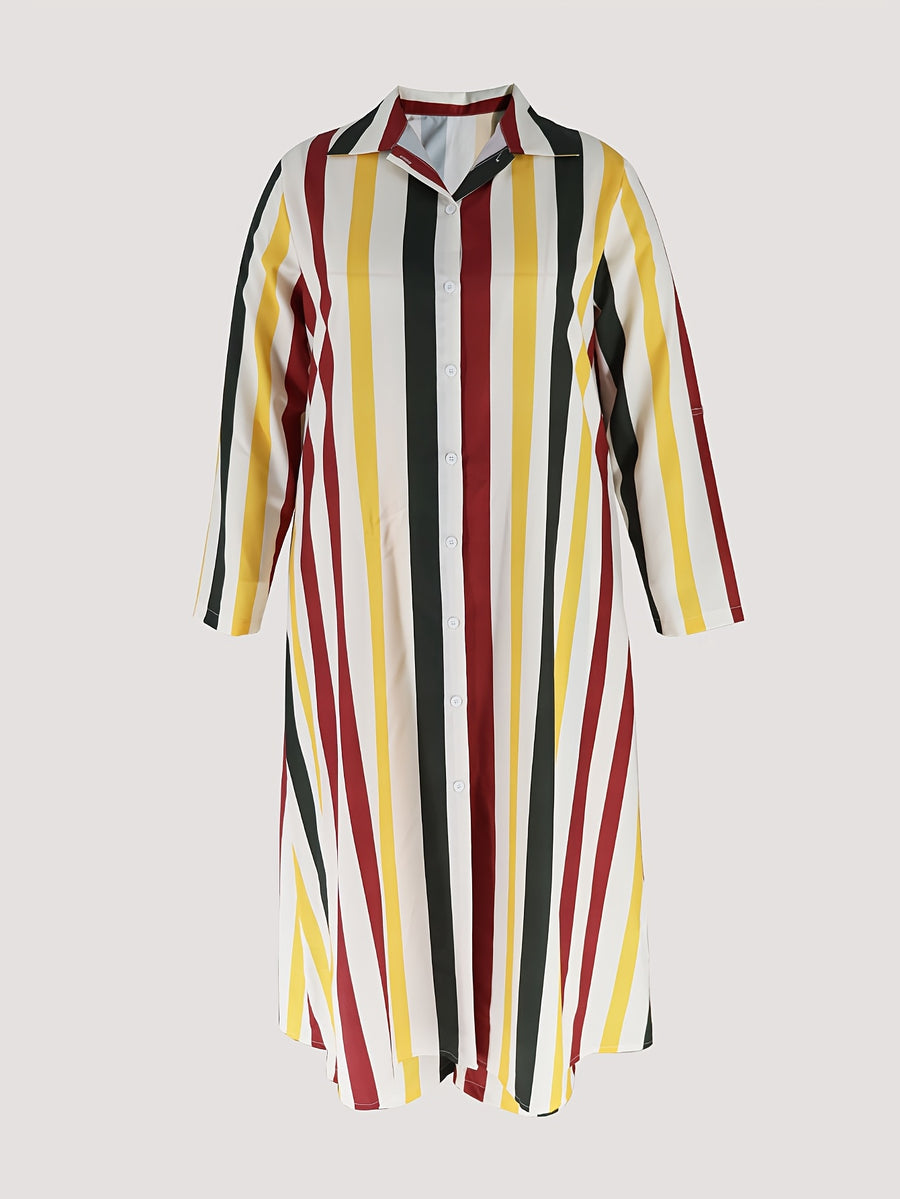 Plus Size Stripe Print Two-piece Set, Collared Button Front Long Sleeve Shirt & Wide Leg Pants Outfits, Women's Plus Size Clothing - White