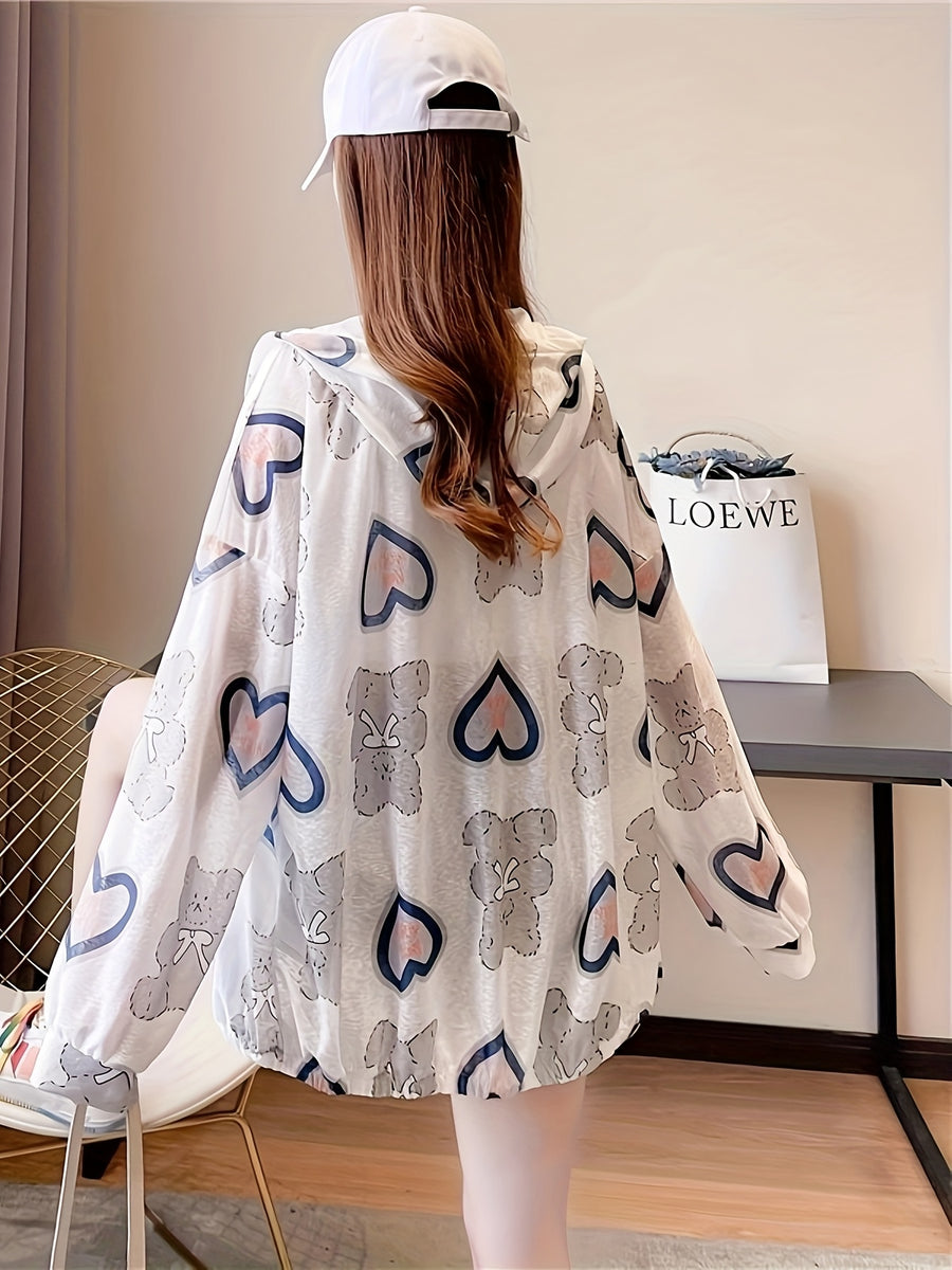 New Sunscreen Clothes for Women in Summer Loose Thin Cardigan Fashionable Long Sleeve Cool Breathable Hooded Mid-length Zipper Jacket - Multicolor