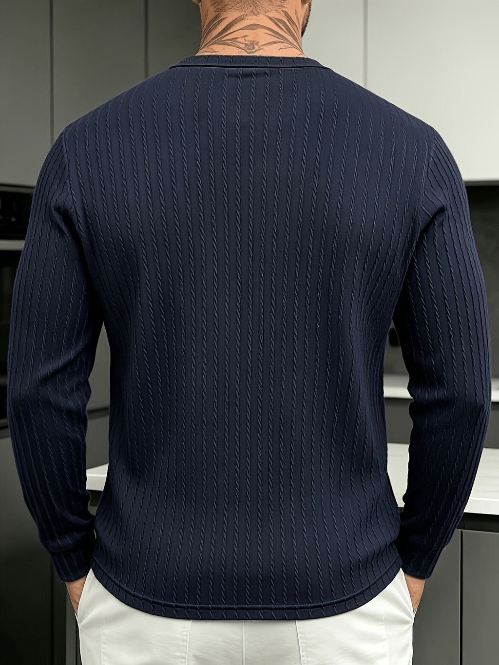 Halloween Thanksgiving Black Friday Cyber Monday Christmas Ultra V 2pcs Men'S Vertical Texture Henley Long Sleeve T-Shirts, High-Elastic Jacquard Fabric Slimming And Slimming, Semi-Open Button Collar Easy And Atmospheric - Hidden Ash
