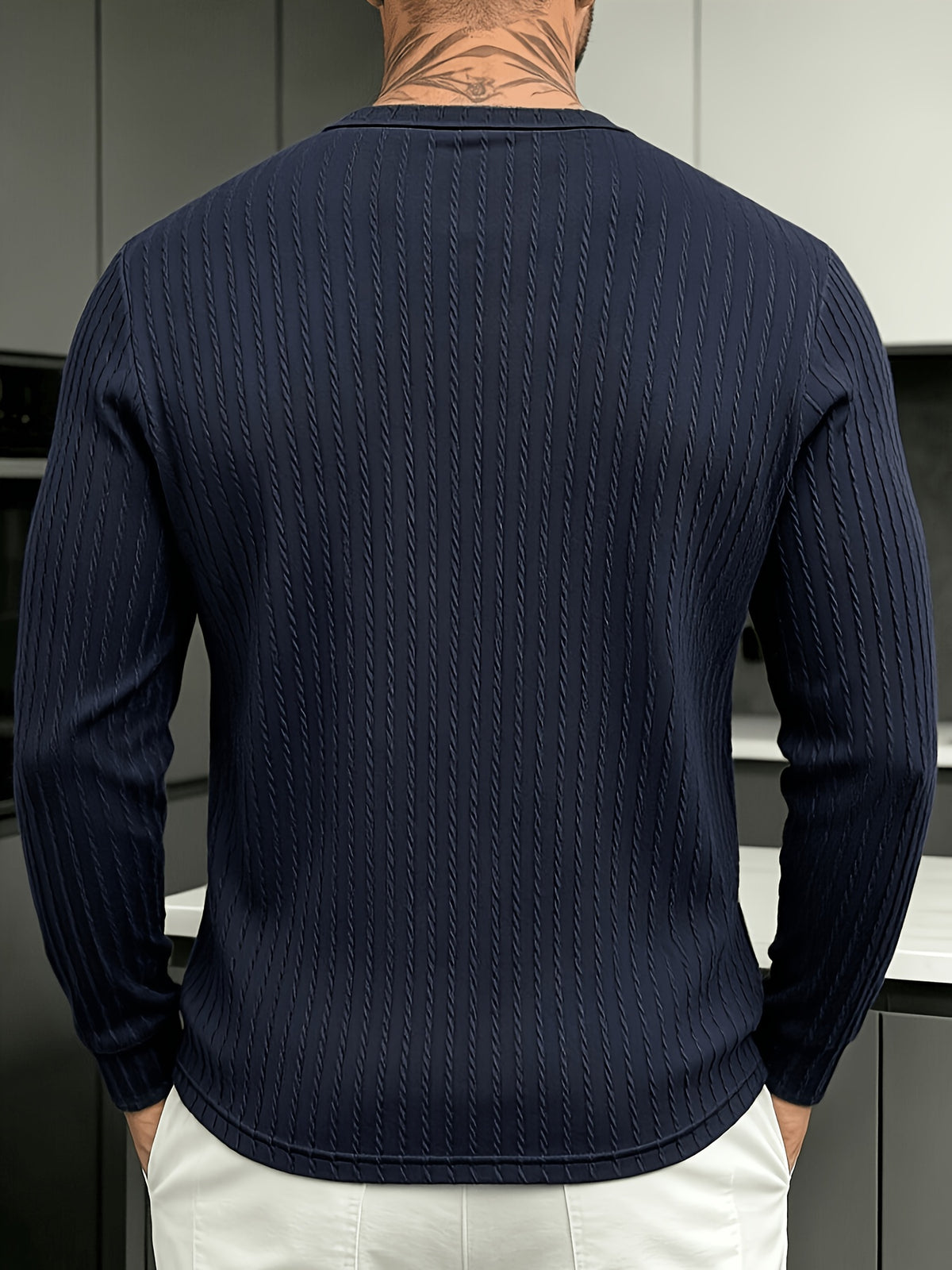 Halloween Thanksgiving Black Friday Cyber Monday Christmas Ultra V 2pcs Men'S Vertical Texture Henley Long Sleeve T-Shirts, High-Elastic Jacquard Fabric Slimming And Slimming, Semi-Open Button Collar Easy And Atmospheric - Hidden Ash