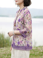 Women'S Printed Stand-Up Collar Mid-Sleeve Shirt, Spring And Summer Casual Versatile Cardigan Top - Purple