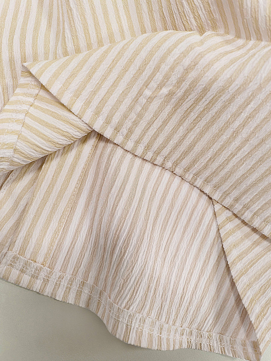 Men'S Striped Shirt Easy Print, Breathable Striped Summer Shirt, Stand-Up Collar Design Suitable for Beach Outings And Daily Casual, Beach Shirt, Outdoor Leisure, Soft Texture, Vacation Wear - Khaki