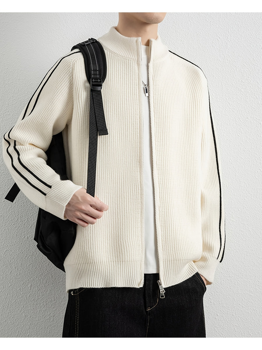 [Wading Whale OBM] Spring/Autumn New Men'S Knit Cardigan, Old Money Style Color-Block Striped Zipper Front Stand Collar Cardigan for Men, Business Casual Fashion Knitwear, Suitable for Spring, Autumn, Winter Layering Or Outerwear, Fits Daily Casual - White