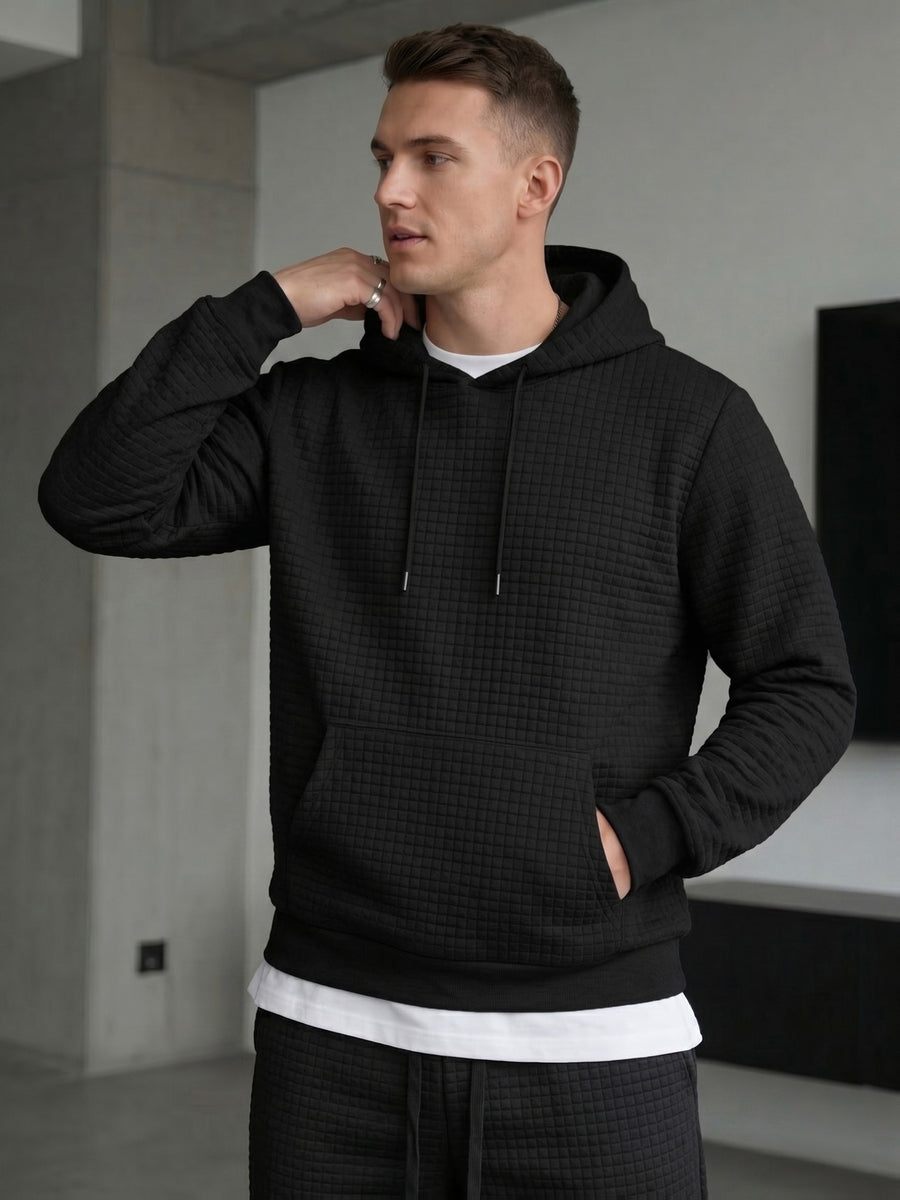 Men's Waffle Knit Hooded Sweatshirt, Spring/Autumn Long-Sleeve Pullover, Textured Checkered Breathable Fabric, Loose Fit with Drawstring Kangaroo Pocket, Casual Commuter Top - Black