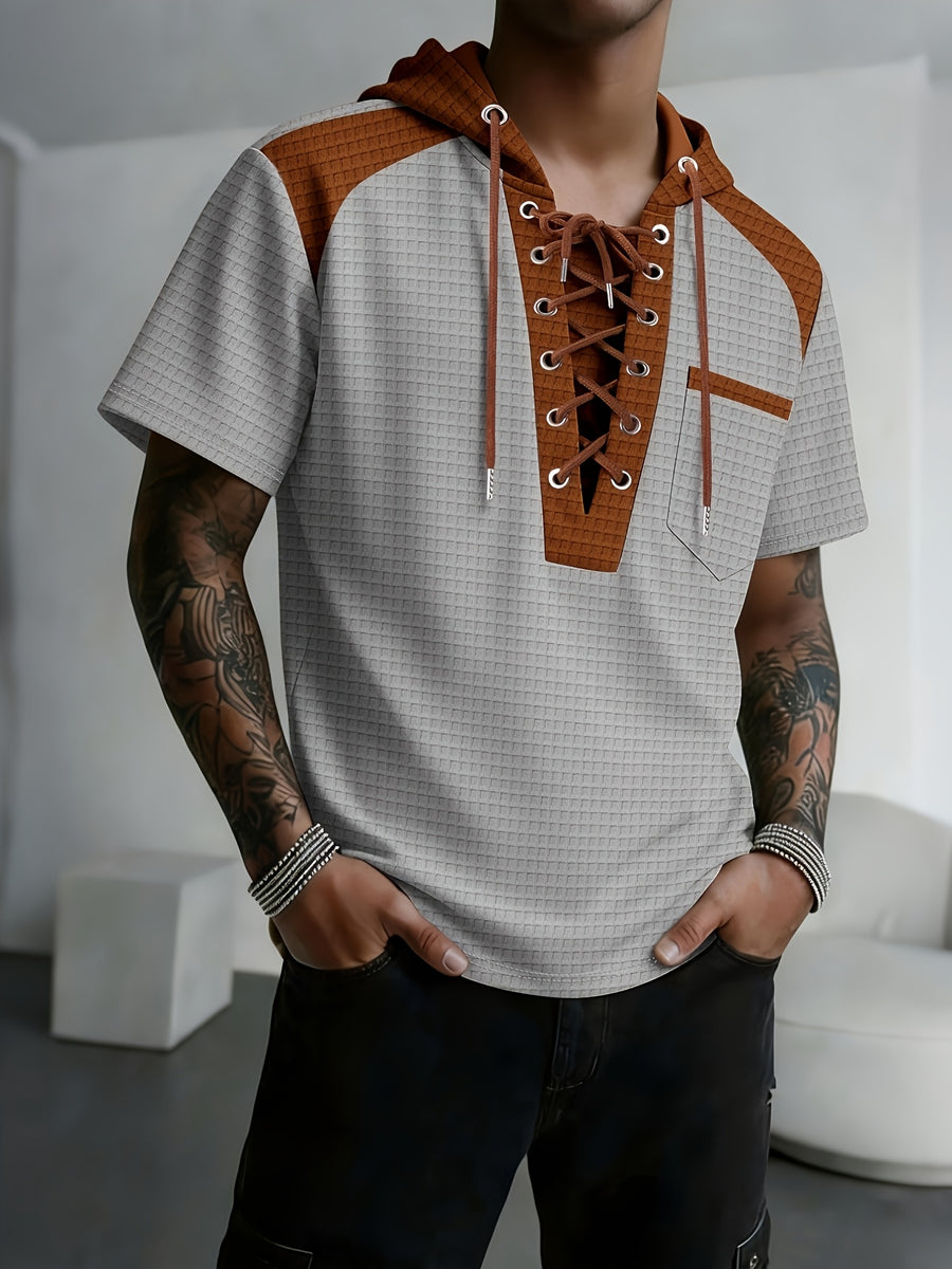 Men's Hoodie, Square Knit Sweater, Contrasting Trim, Short Sleeves, V-neck, Chest Pocket, Vintage Urban Style, for Daily Use - Grey