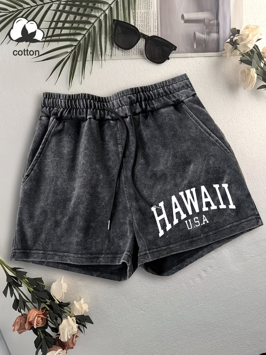 Western Trendy Hawaiian Letter Print Casual Distressed Women'S Shorts, Elastic Drawstring Waist Design, Versatile Home Wear, Lifestyle Fashion - Black