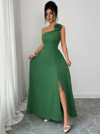 New Summer Women's Off-Shoulder Rose-Embellished Long Dress with Waist-Defining Slit, Elegant One-Shoulder Design, Mature Style for Dates and Banquets - Dark Green