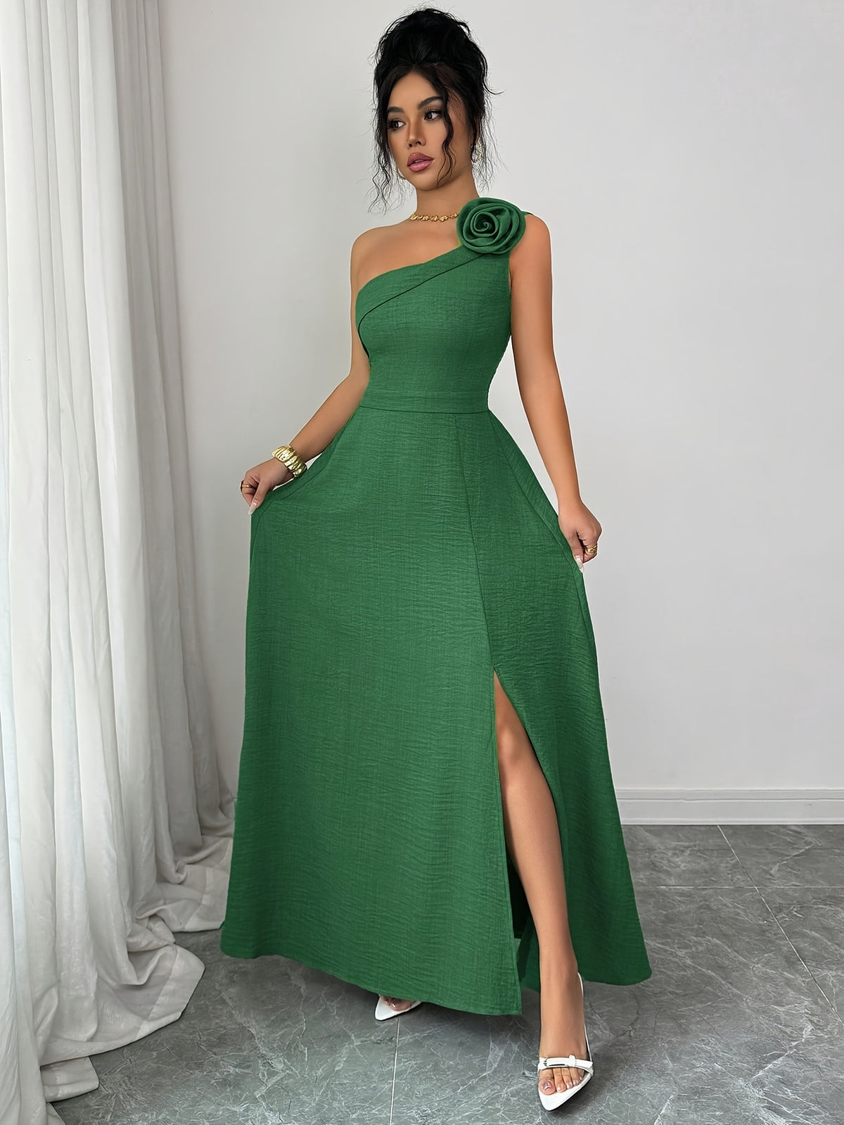 New Summer Women's Off-Shoulder Rose-Embellished Long Dress with Waist-Defining Slit, Elegant One-Shoulder Design, Mature Style for Dates and Banquets - Dark Green