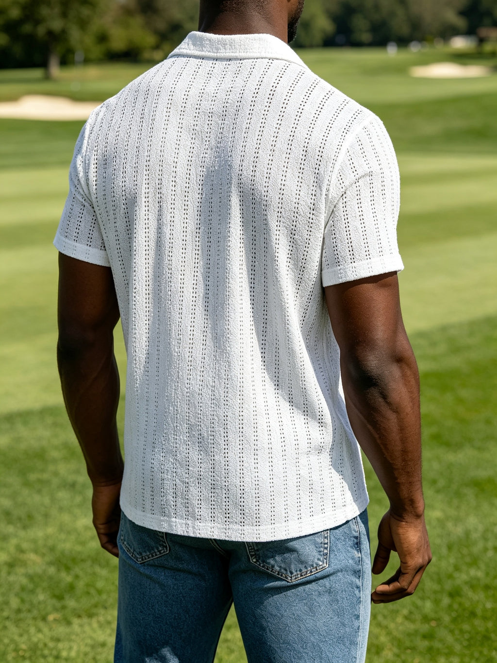 Men'S Crochet Knit Camp Collar Shirt, Short Sleeve Button- for Beach Vacation Casual Daily Wear - White