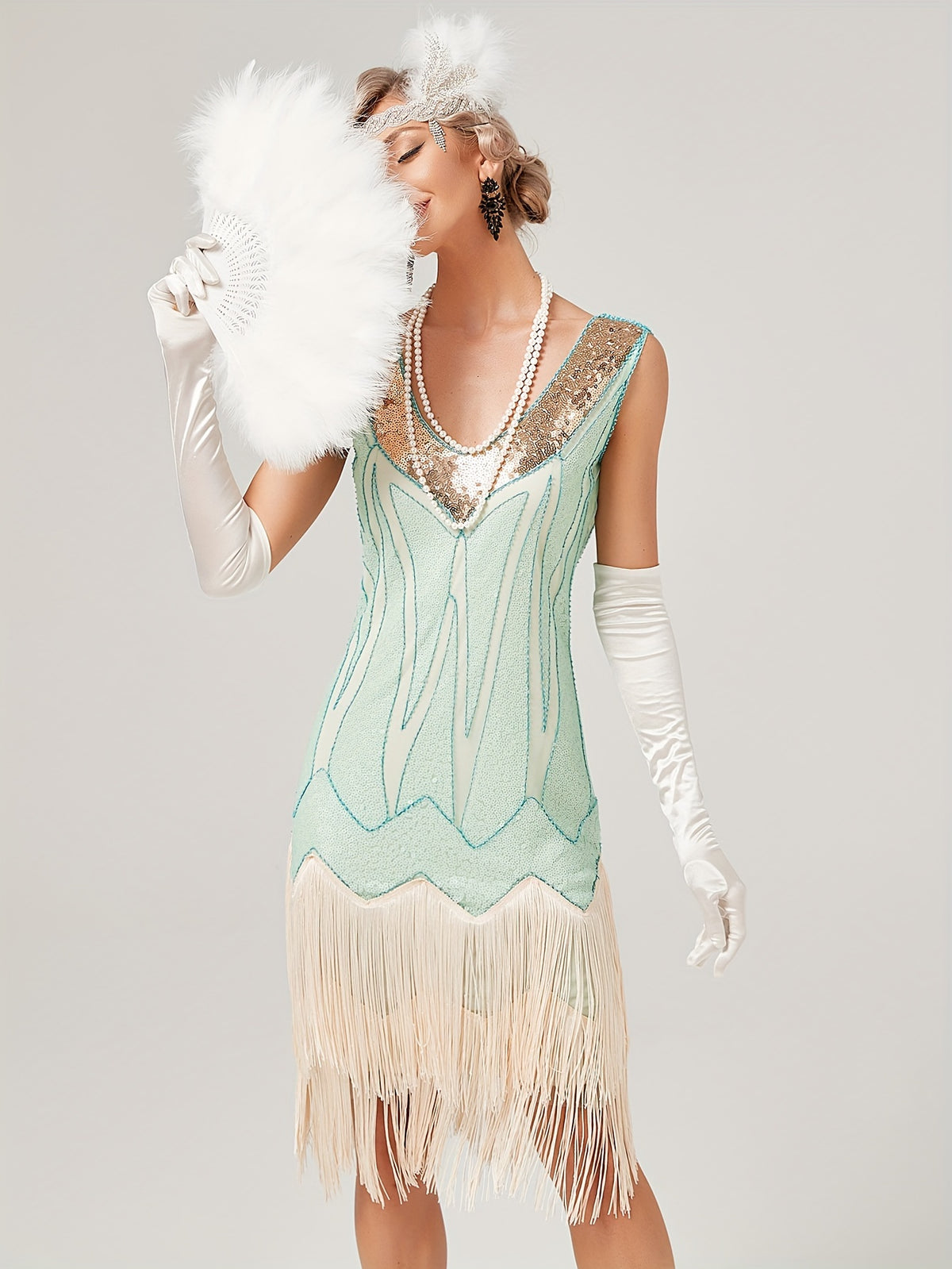 1920s Retro Sequin Gatsby Party Dress with Tassels, Short Sleeve Evening Gown for Banquets and Toasting Ceremonies - In Stock - Apricot Blue