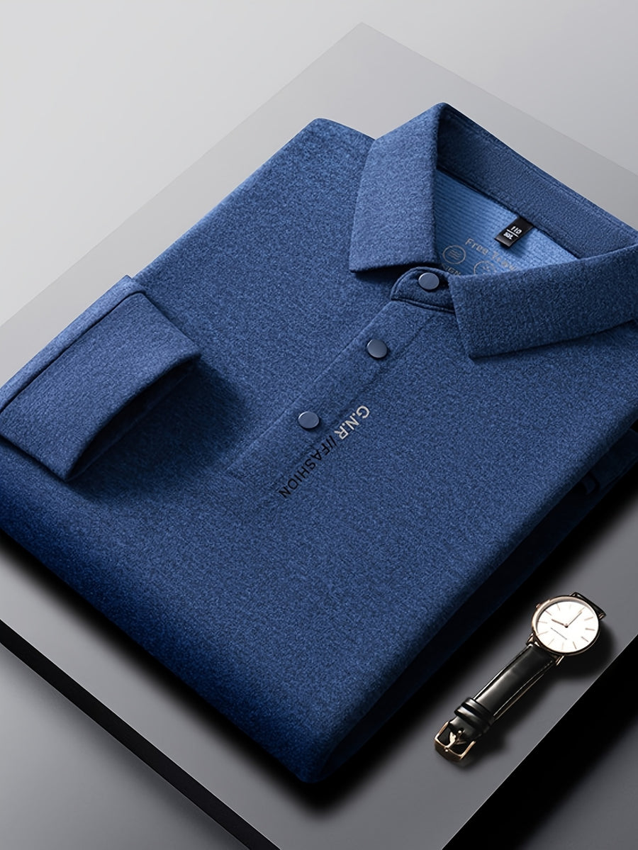 New Autumn 2026 Men's Long-Sleeve T-Shirt, Solid Color Lapel, Simple Daily Wear, Casual Polo Shirt - Dark Blue
