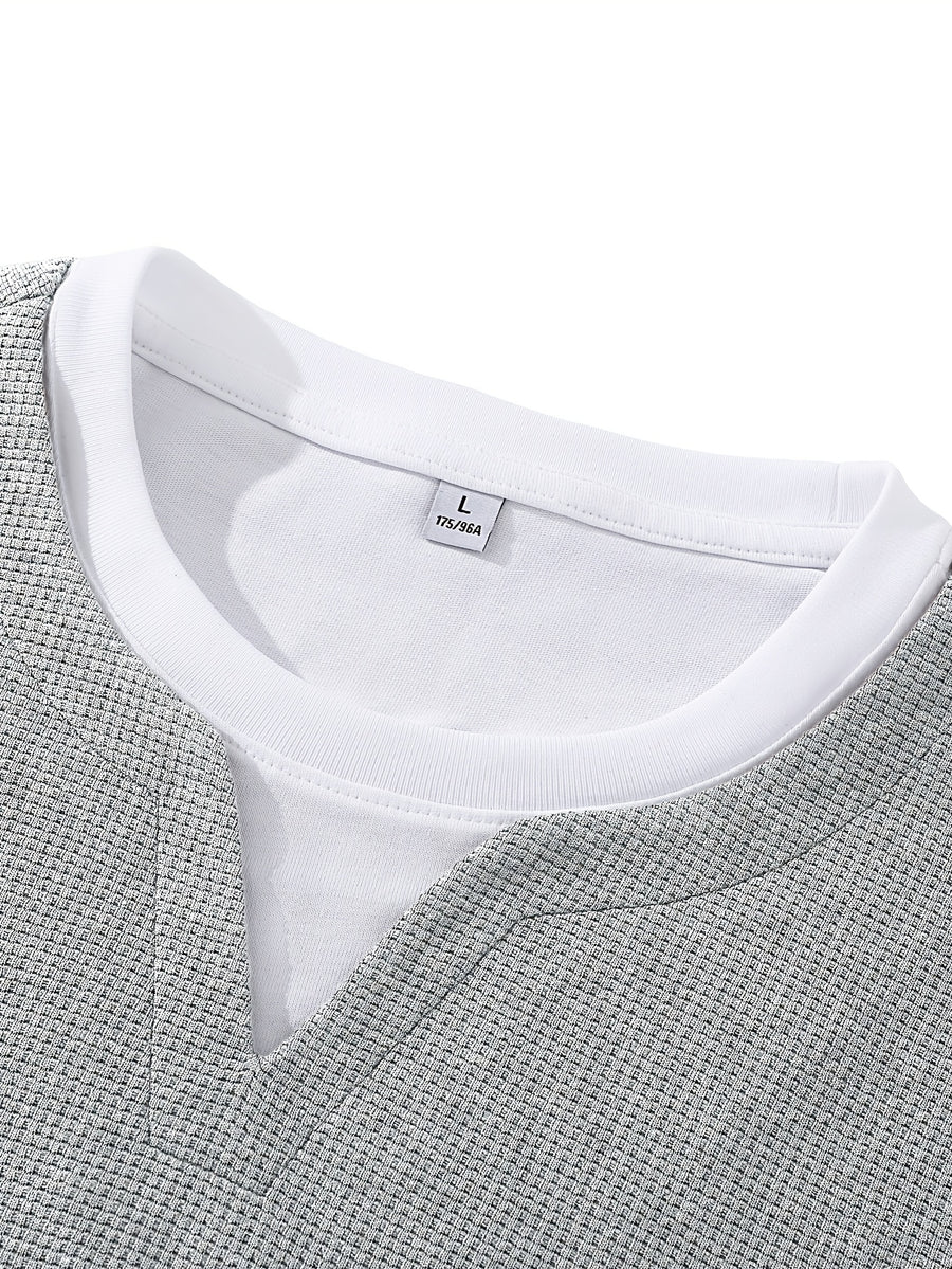 Men'S Long Sleeve T-Shirt Base Layer, New Spring/Autumn Season Faux Two-Piece Design Top, Solid Color Waffle Fabric Textured Pullover, Men'S Fashion Trendy Casual Sports Versatile Knit Sweater - Grey
