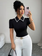 Women'S Fashion Spring/Summer Style Date Socialite Style Neckline Faux Pearl Embellished T-Shirt Slim Fit Puff Sleeve Lapel Short Sleeve Elegant And Short Top - Black