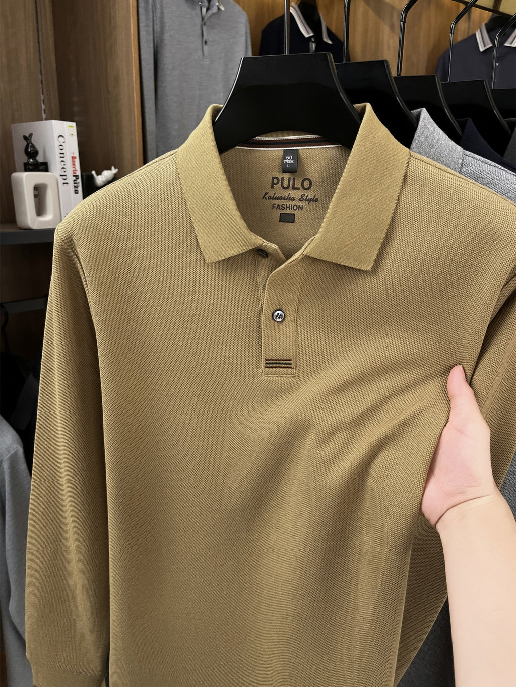 Men's Golf, Casual, Fishing, Tennis, Sports Solid Color Top, Spring/Autumn Apparel for Middle-aged and Young Men, Soft and Skin-friendly Piqué Pure Fabric, Long-Sleeve Polo Shirt, Men's Long-Sleeve T-Shirt, New Spring/Autumn Casual Turn- Collar Solid - Khaki