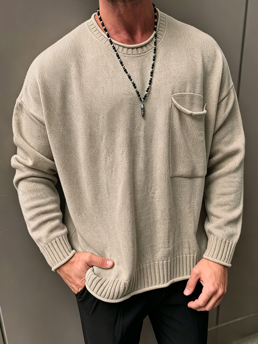 Men'S Round Neck Knit Pullover Sweater, Soft Long Sleeve Sweater for Autumn And Winter, Casual Wear - Apricot