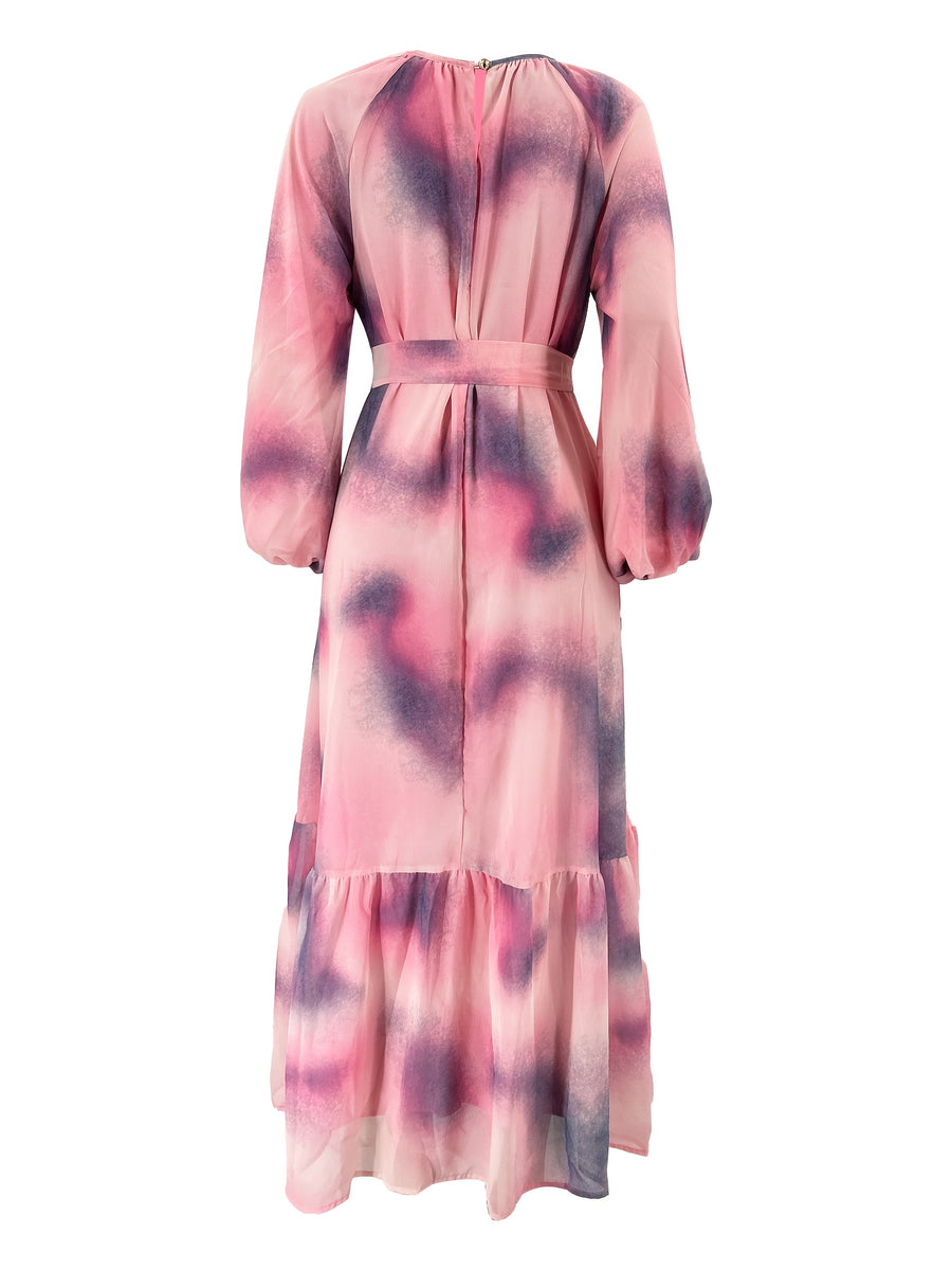 Women's Casual Elegant Middle Eastern-Inspired Tie-Dye Long Sleeve Dress with Waist Belt - Machine Washable All-Season Comfort for Gatherings, Vacations & Daily Wear - Pink Color