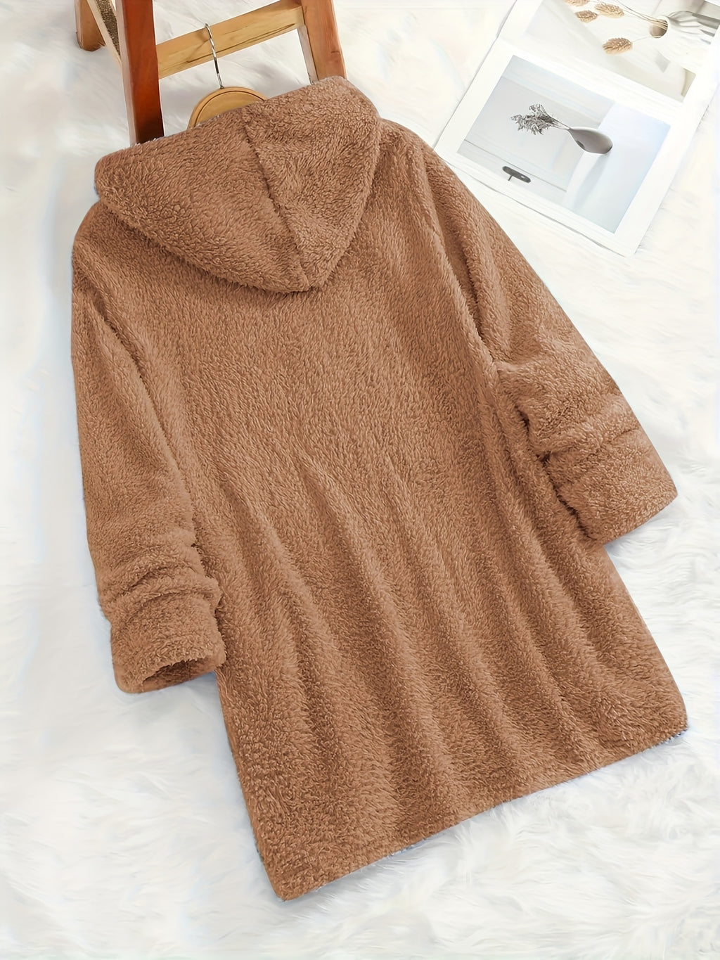 Women's "Yes I'm Cold" Printed Teddy Bear Hooded Sweatshirt - 100% Polyester Relaxed Fit Long Sleeve Pullover with Double Pockets, Cozy Fleece-Lined Casual Winter Top for Fall & Winter - Camel