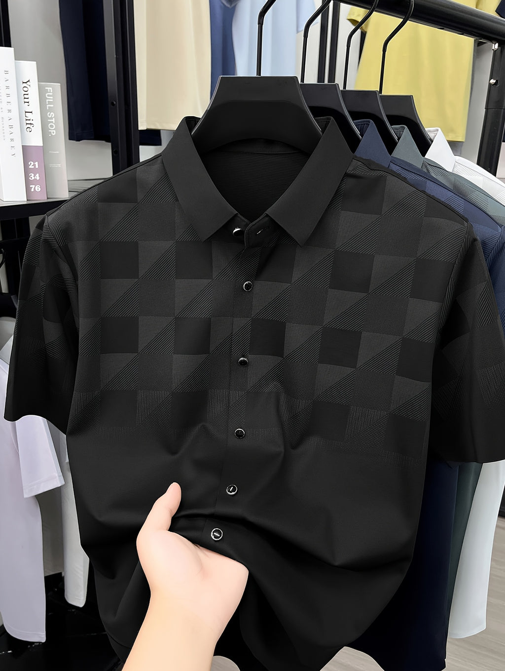 Men's Jacquard Polo Shirt with Subtle Texture, Summer Short Sleeve Tee with Mulberry Silky, Seamless, Business Casual Versatile Top with Lapel Collar - Black