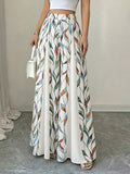 Vacation Style Colorful Print Wide-Leg Pants, High-Waisted Draped Large-Hem Pants, And Tummy-Concealing Women'S Long Pants - White