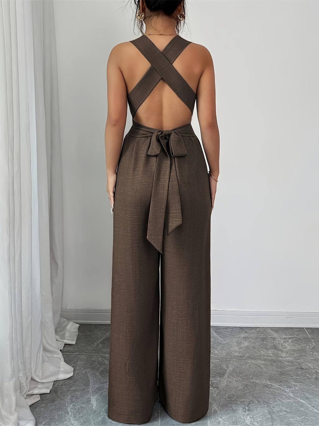 V-neck Women's Jumpsuit with Crisscross Waist Ties, Slit Back, and Wide-leg Straight-cut Pants - Dark Brown