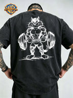 Warner Bros Official Hand-Drawn Line Art Big Silly Cat Print Washed Distressed T-Shirt, Men's 100% Pure Cotton Fabric, Casual and Comfortable Style, Loose Fit Breathable Short Sleeve Men's Casual Top, Distressed Washed Loose Fit - Black