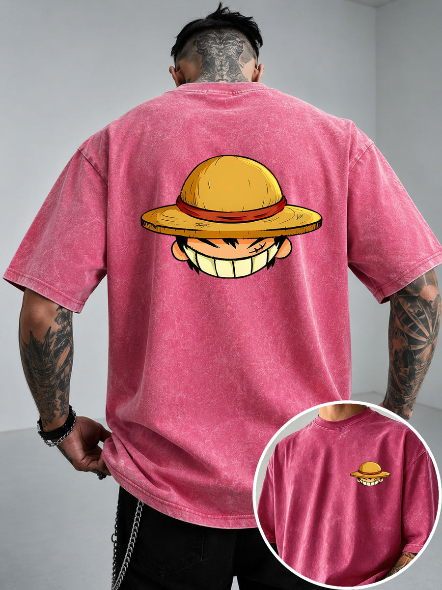 Straw Hat Cartoon Boy Portrait Print Men's Vintage Washed Loose Fit Pure Cotton Short Sleeve T-Shirt - Bright Pink Color