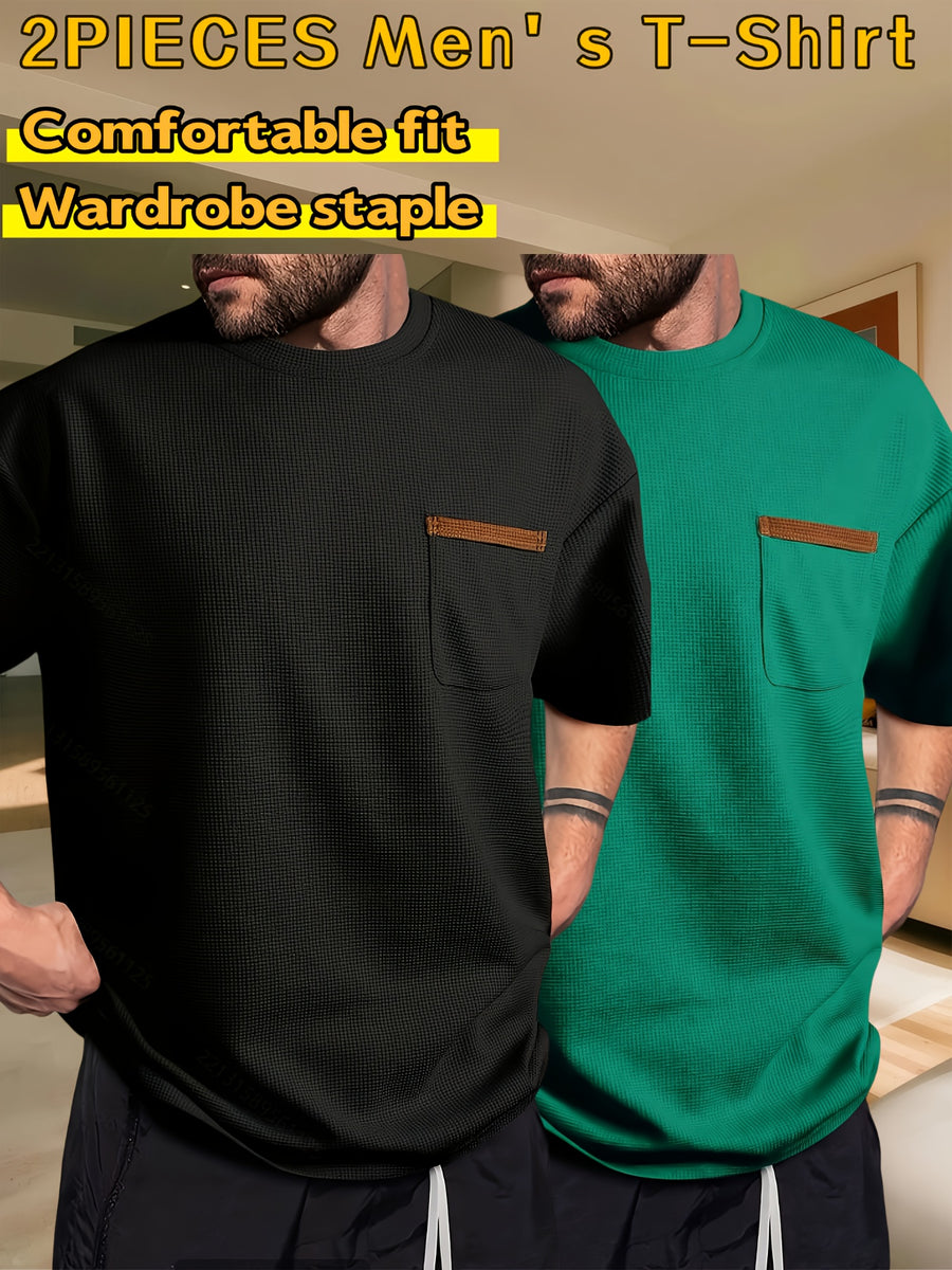 Men's Waffle-Knit Short Sleeve T-Shirt - Breathable Base Layer & Casual Round Neck Pocket Tee, Solid Color Suitable for Gym, Casual Attire, Machine Washable, Spring/Summer Layering Shirt, High-Fit Rate for Lifestyles - Black+Green