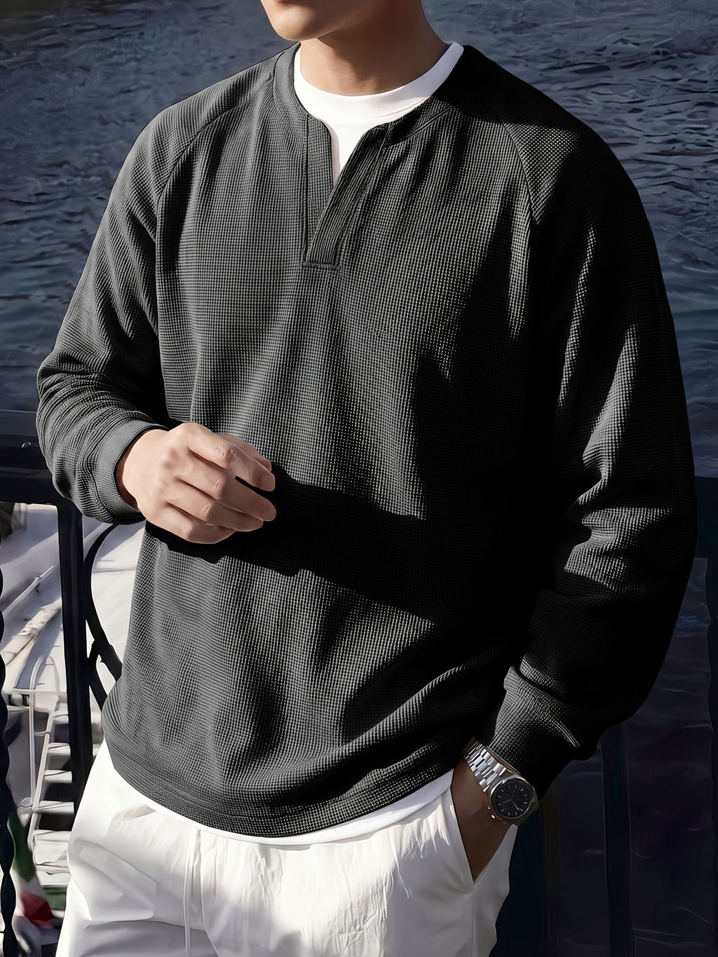 Men's Business Casual Henley Collar Long Sleeve Shirt Waffle Knit Breathable Raglan Sleeve Loose Fake 2pcs Top for Spring Autumn Outdoor Travel Daily Wear - Black