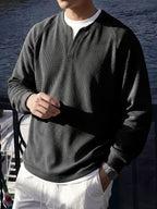 Men's Business Casual Henley Collar Long Sleeve Shirt Waffle Knit Breathable Raglan Sleeve Loose Fake 2pcs Top for Spring Autumn Outdoor Travel Daily Wear - Black