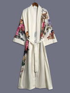 Japanese-style Rose Print Mid-length Three-quarter Sleeve Kimono Cardigan, Lightweight Outerwear for Women, Elegant European and American Ethnic-inspired Streetwear Casual Cover-up, Beach Vacation Travel Uchikake-style Thin Cape Coat, Home Yukata - Apricot
