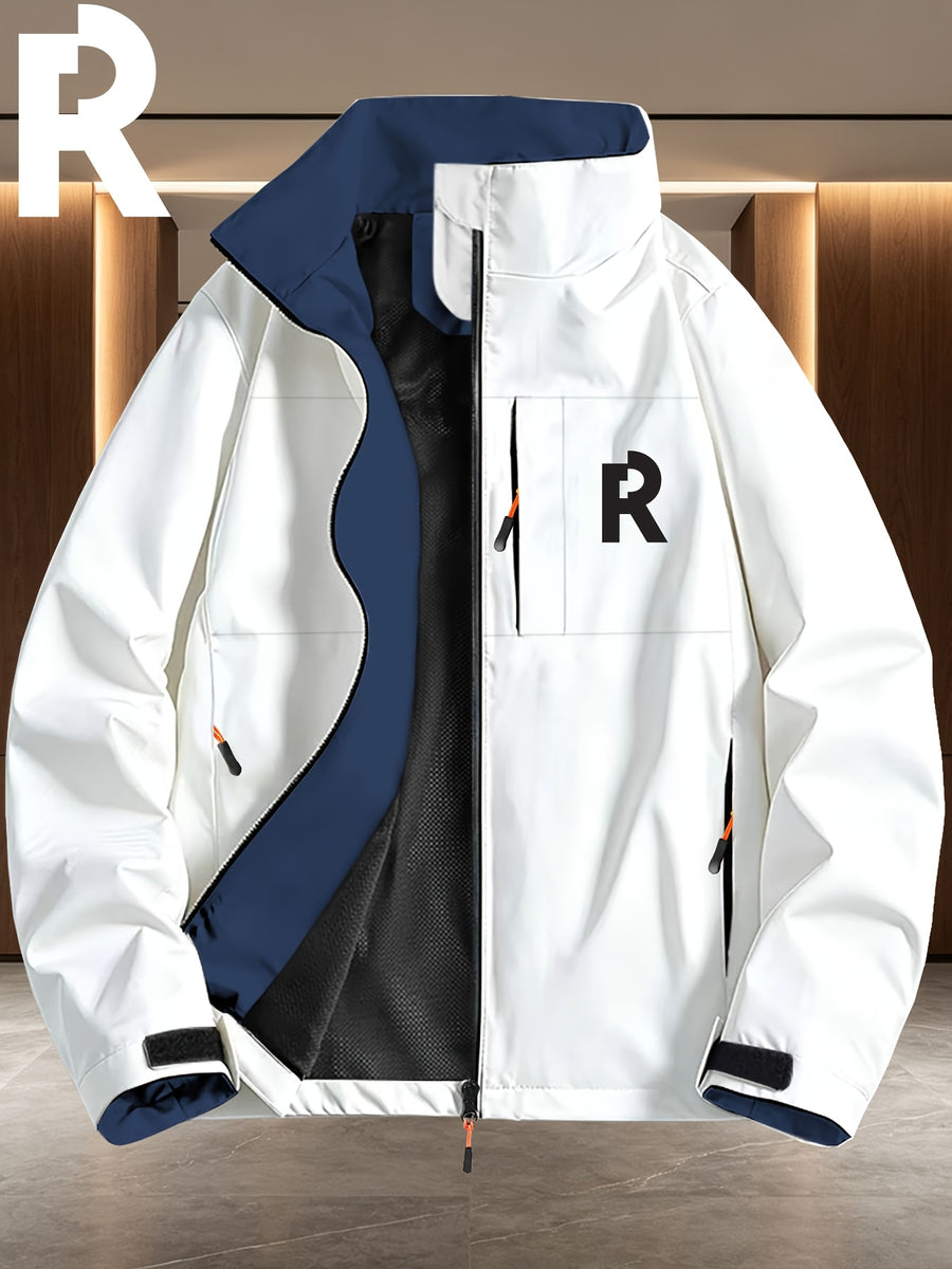 Simple Large "R" Letter Navy Blue Lined White Full-Zip Stand Collar Windproof Jacket for Men and Women, Spring/Autumn Multi-Pocket Trendy Casual Outdoor Windbreaker - White