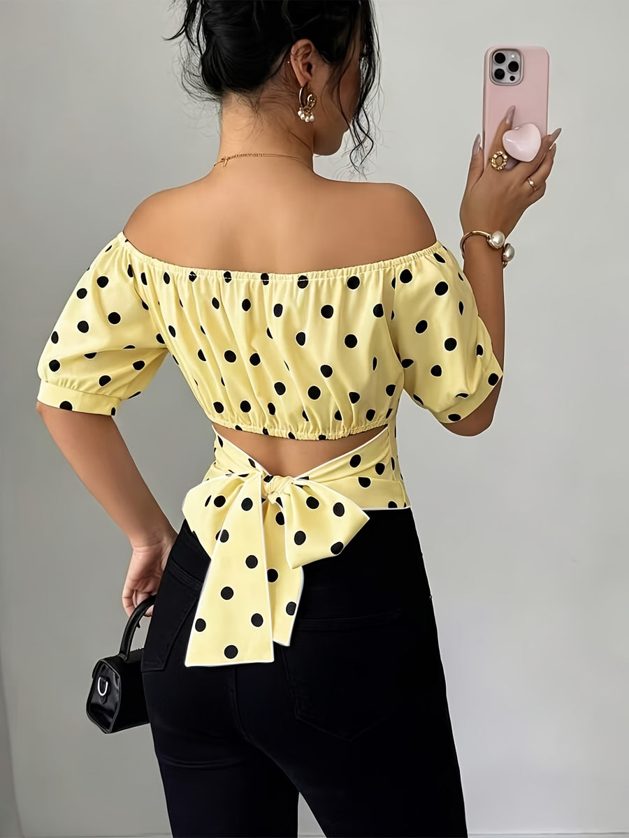Women's Elegant Polka Dot Bow-tie Off-shoulder Cropped Top, Suitable for Outings, Parties, and Daily Wear, Ideal for Spring and Summer Seasons - Mixed colors